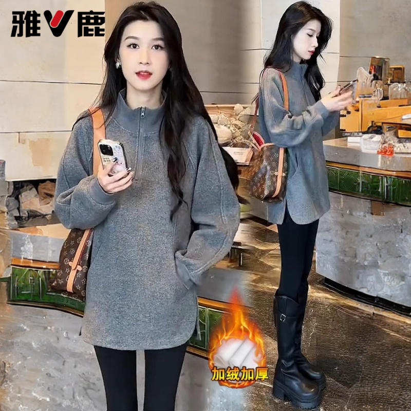 雅鹿立领加绒卫衣新款2025爆款时尚洋气美式复古中长款上衣