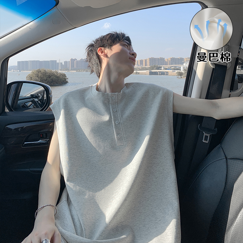 曼巴棉亨利领背心男夏薄款复古美式潮牌运动坎肩大码凉感无袖t恤