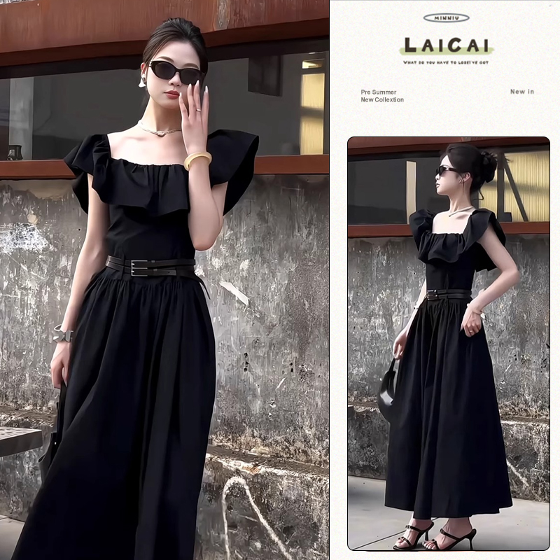 E256酷飒设计感连衣裙夏季法式荷叶边方领掐腰显瘦高级感小黑裙女