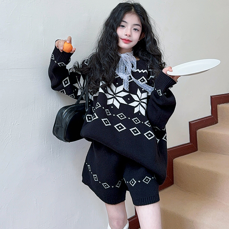 女童费尔岛毛衣套装春秋2025新款撞色提花中大童短裤宽松两件套潮