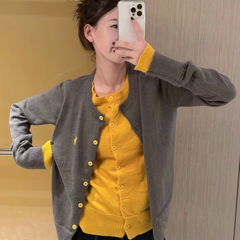 韩系拼接撞色假两件灰色针织开衫早秋外套女秋季休闲外搭秋冬毛衣