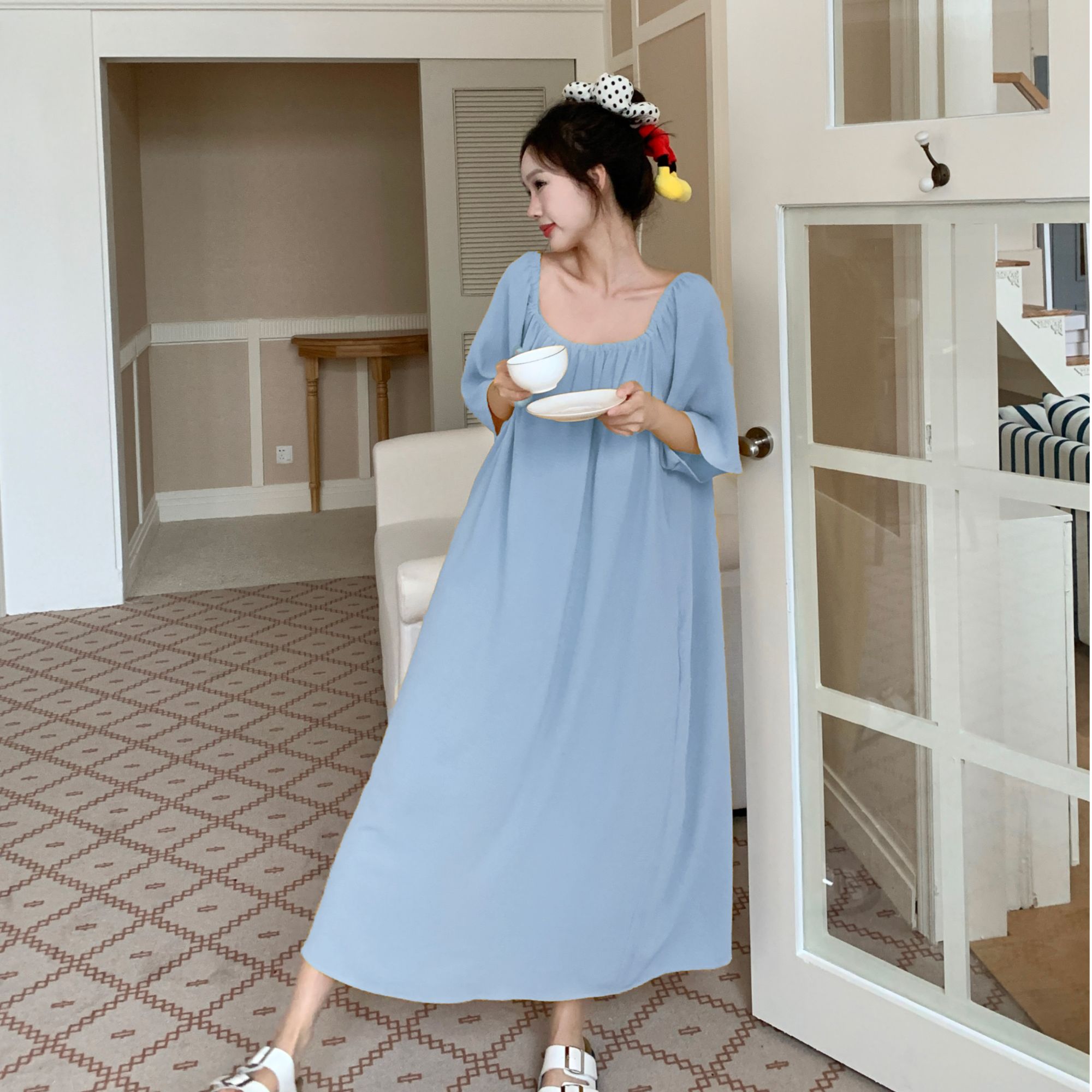 3315大码睡衣女夏季短袖睡裙方领宽松连衣裙可外穿家居服