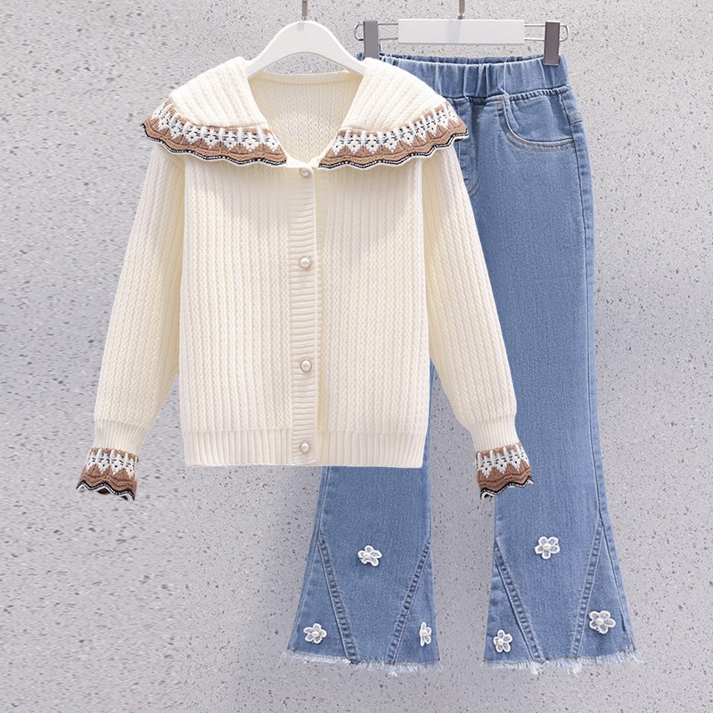 女童冬装学院风套装2025新款娃娃领毛衣外套秋冬季儿童开衫两件套