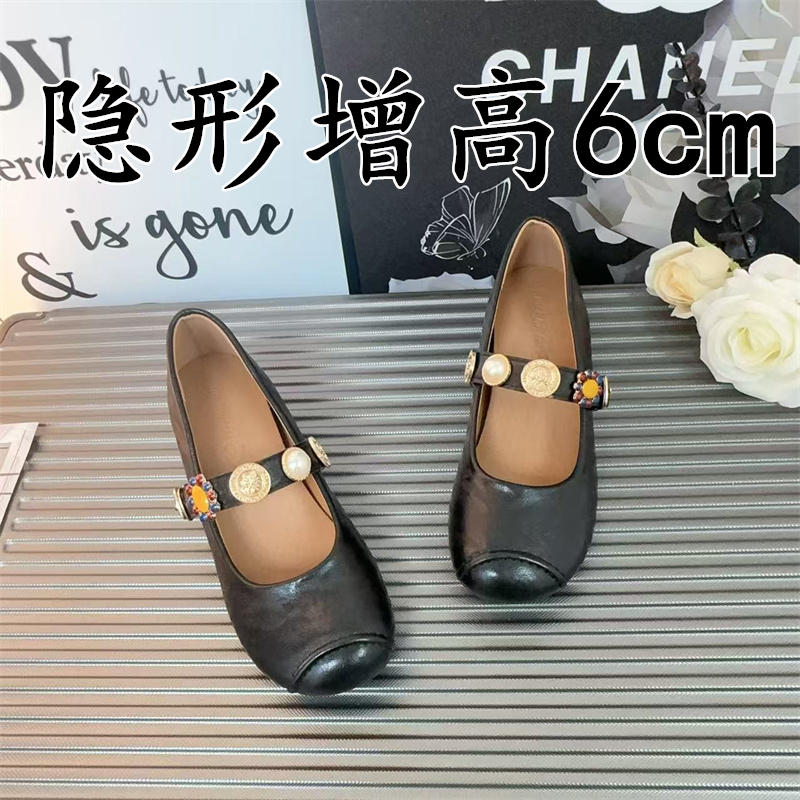 小个子内增高浅口软底单鞋女真皮复古圆头一字扣带配裙子玛丽珍鞋