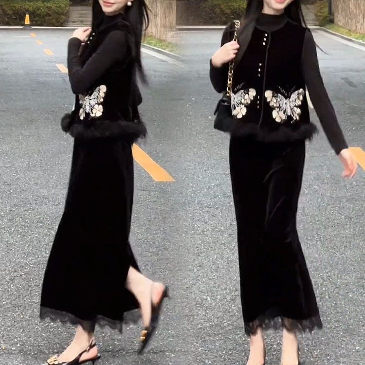 时尚套装女秋冬新款气质减龄高档国风丝绒马夹半裙女装