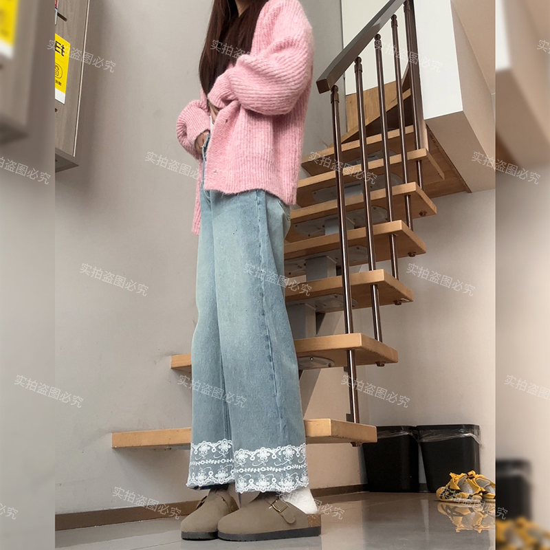浅蓝九分蕾丝裤脚牛仔裤女2025秋季新款小个子高腰显瘦宽松直筒裤