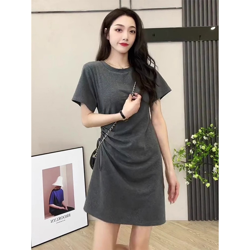 抽绳短袖连衣裙女夏2025新款设计感小个子气质显瘦百搭小黑裙