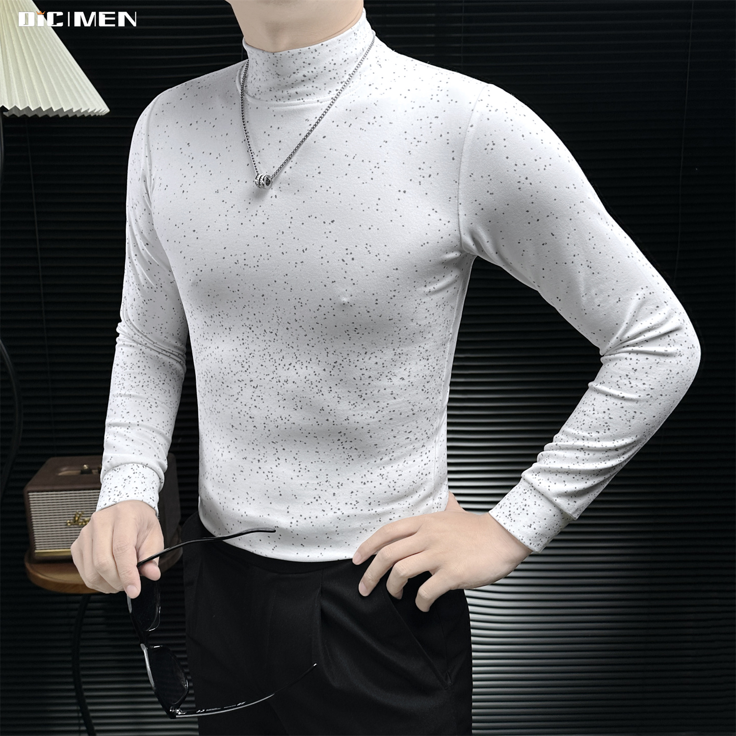 细碎斑点肌理点缀打底衫2025新款男士半高领修身内搭痞帅风上衣