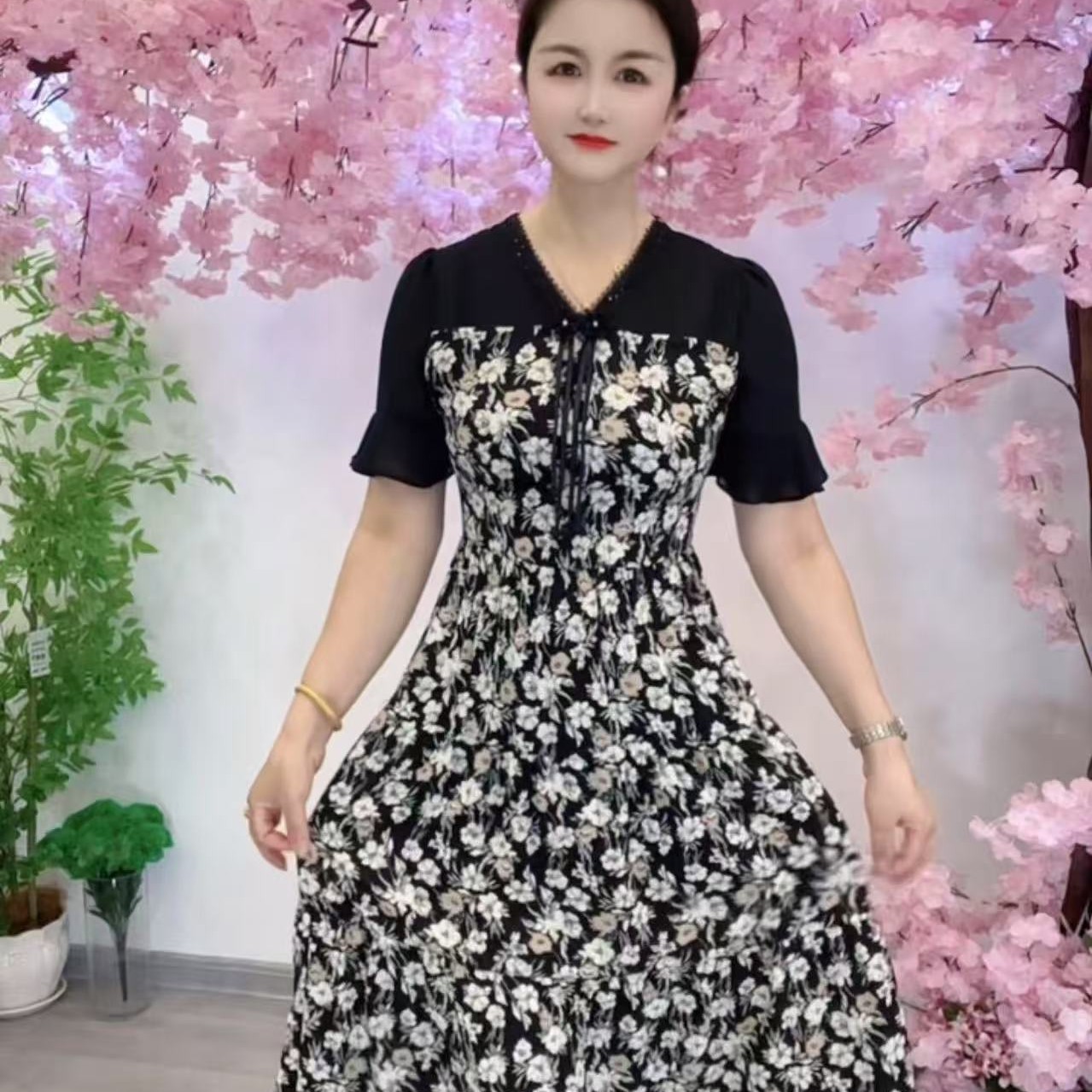 时尚拼接印花修身显瘦中长款A字女士夏季连衣裙