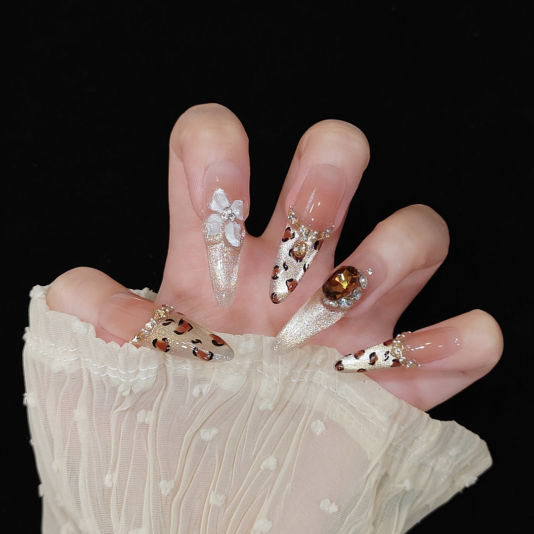 【小野猫】纯手工穿戴美甲猫眼光疗立体锆石钻爆闪蹦迪满钻落日豹纹