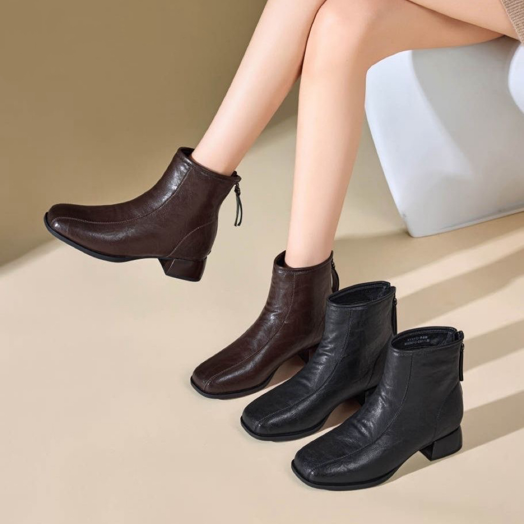 法式粗跟软底加绒短靴女秋冬百搭时尚复古冬季方头