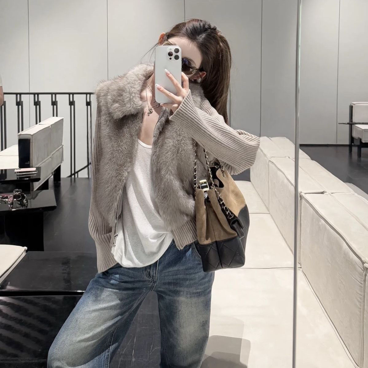 人造皮草 XIXILI“毛绒暖暖”25年秋冬针织拼接可拆卸袖子外套