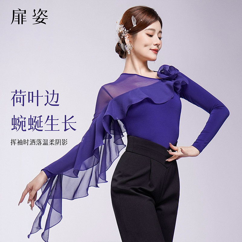 扉姿 摩登舞蹈服女新款长袖国标舞练功服洋气荷叶边跳舞上衣F1340