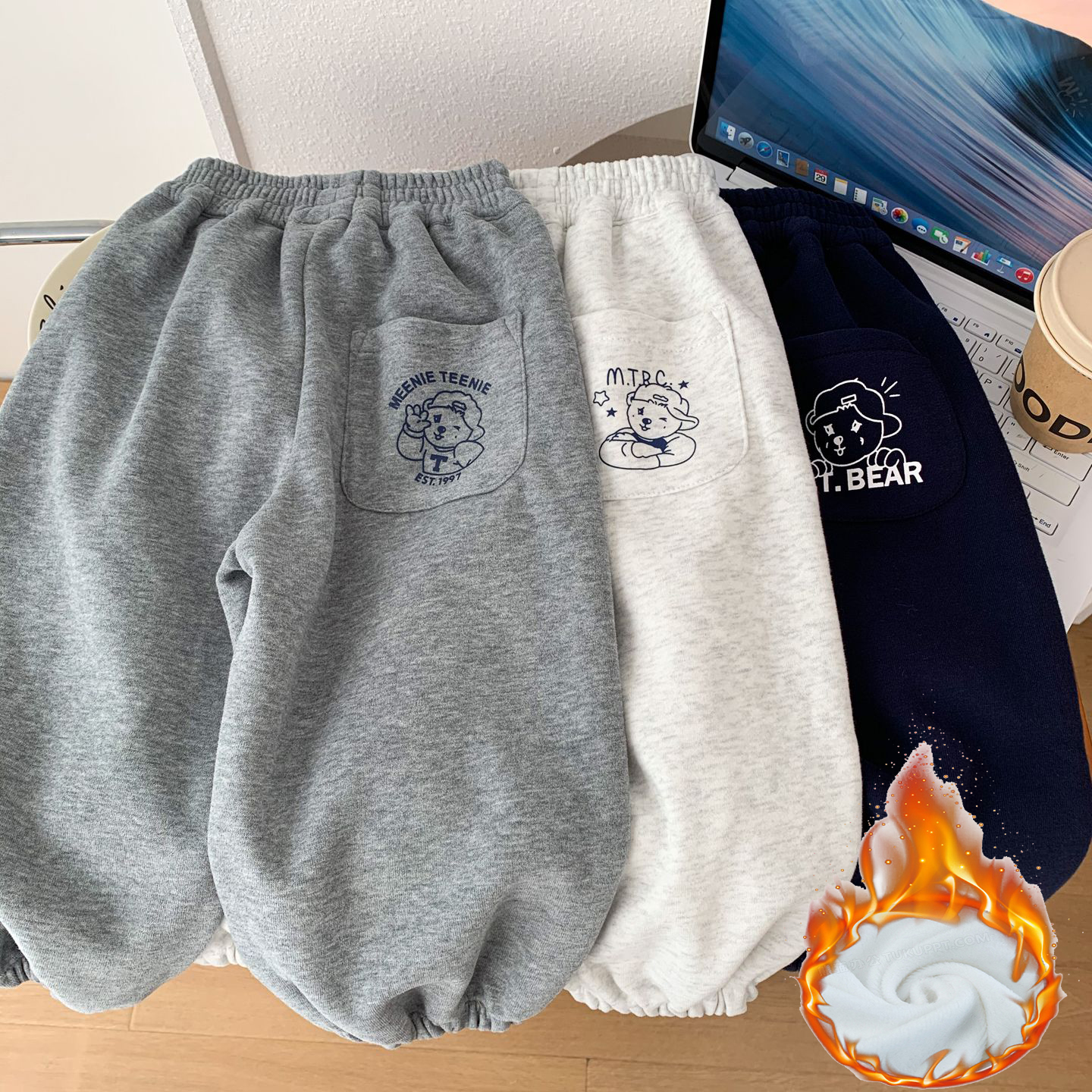 男童加绒裤子2025新款洋气小男孩卡通熊休闲裤儿童柔软束脚运动裤