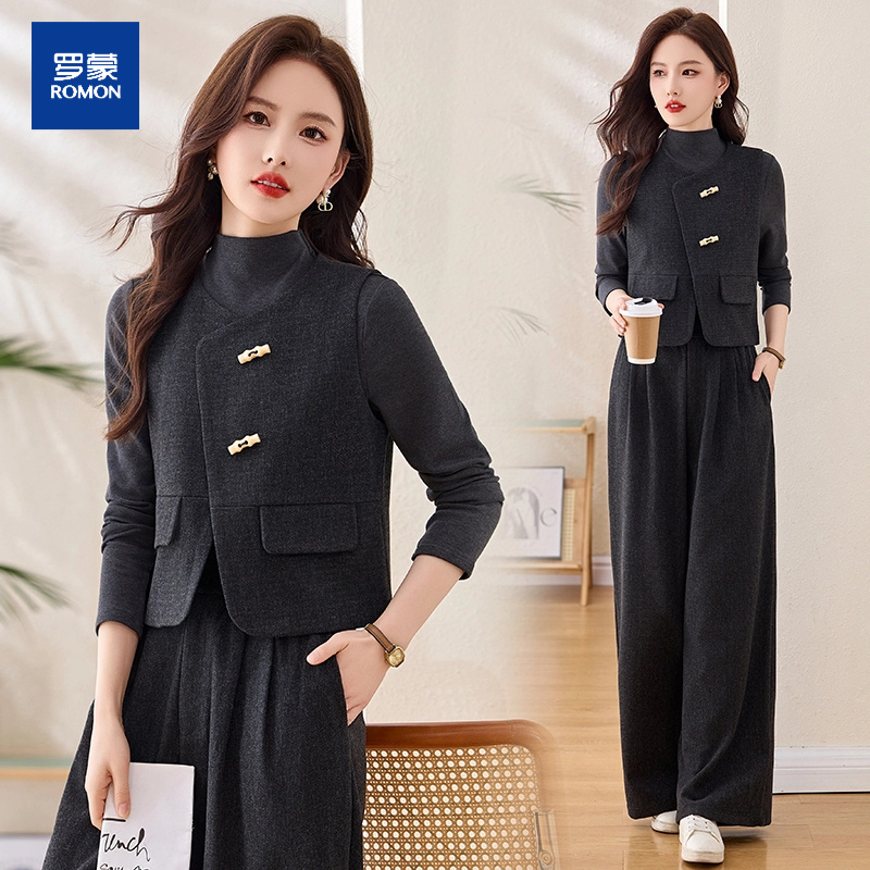 三件套小香风马甲毛呢时尚套装2025早春高级感复古加厚直筒阔腿裤