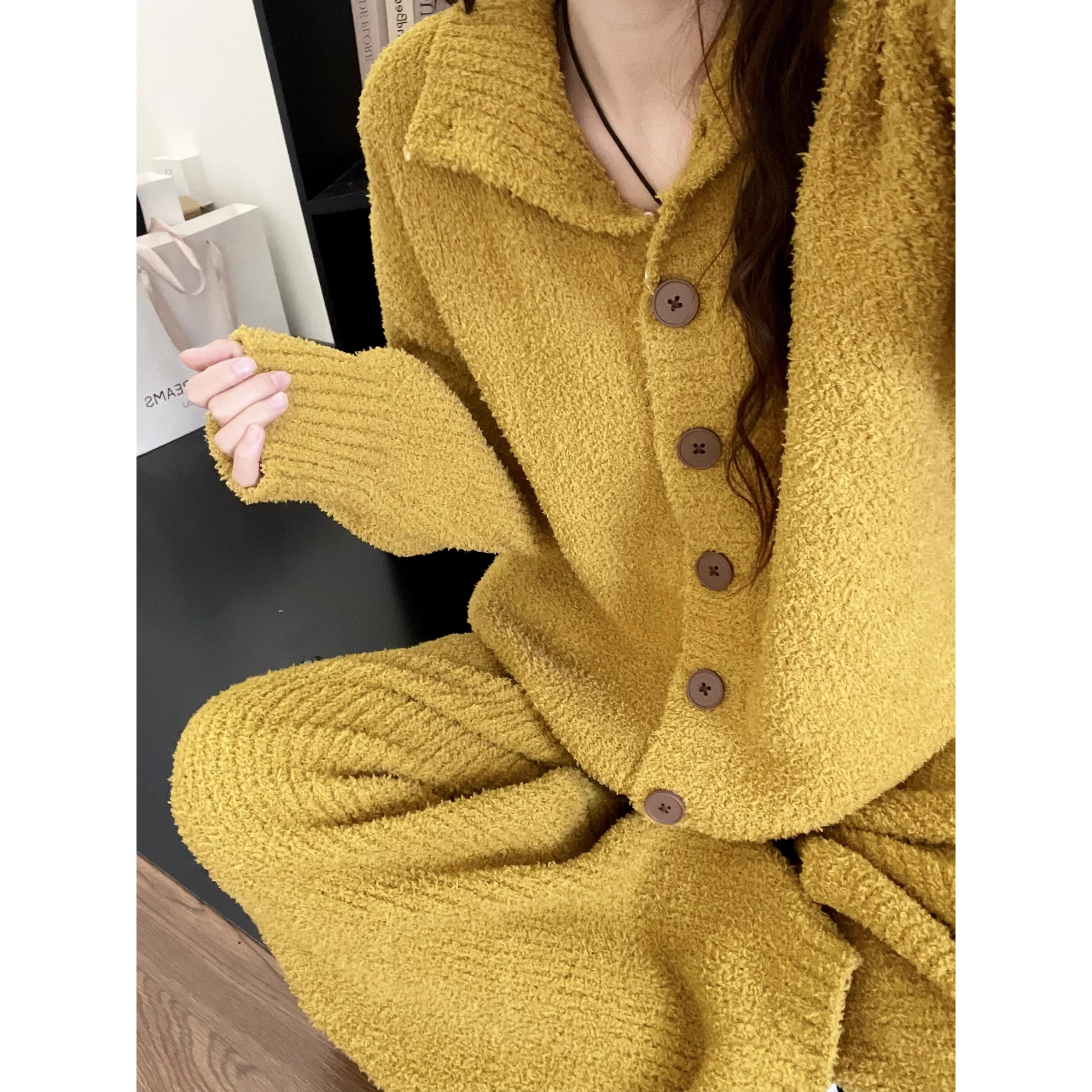 韩系简约纯色半边绒睡衣女冬款新款大码加厚保暖家居服套装可外穿