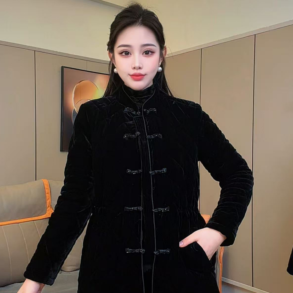 6806设计师原创定制高端品质时尚休闲新中式丝绒纯色冬季女神外衣