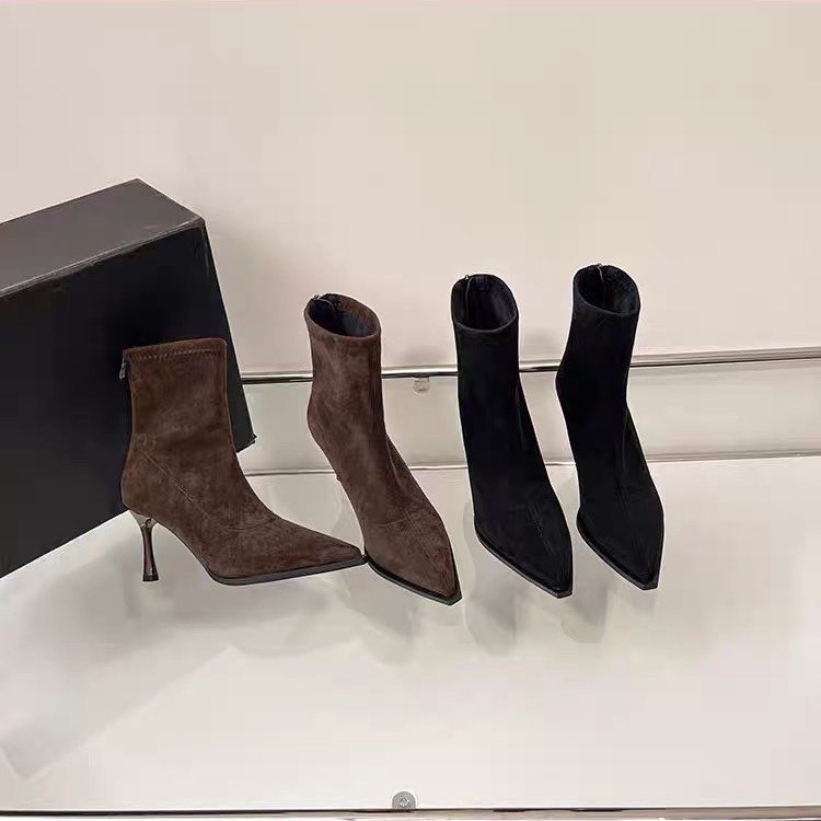 法式绒面尖头高跟短靴女2025新款秋冬法式瘦瘦靴百搭细跟弹力袜靴