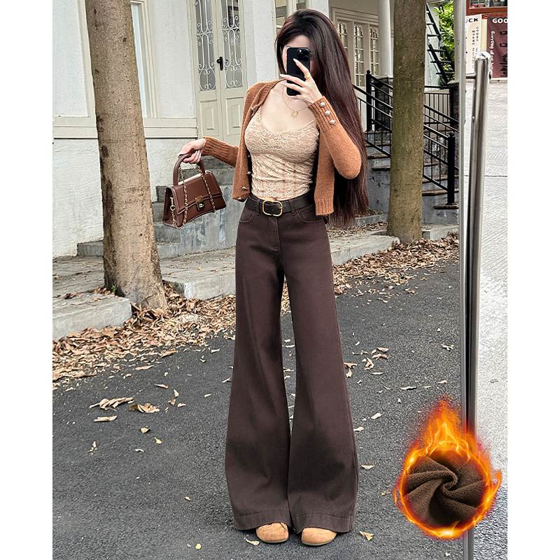 咖色不贴腿加绒微喇牛仔裤女2025秋季新款小个子高腰宽松直筒拖地