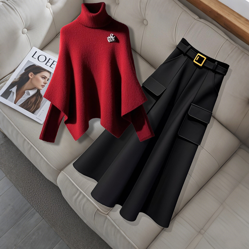 时尚洋气假两件斗篷设计感显瘦毛衣女装冬季新款高腰半身裙两件套