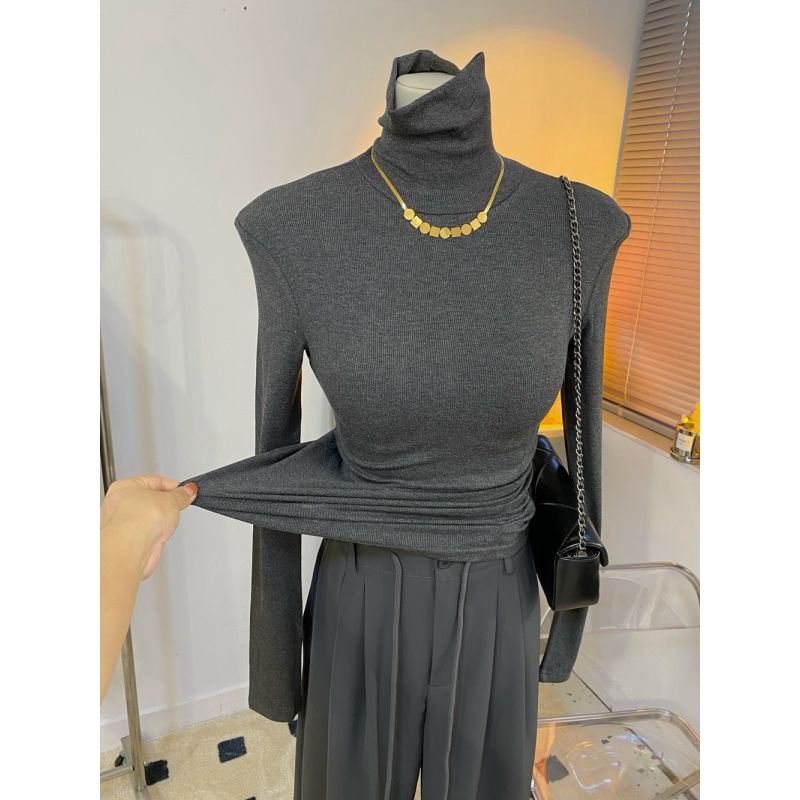 灰色显高级简约轻奢高领包裹性好紧身长袖恤女秋冬新打底衫