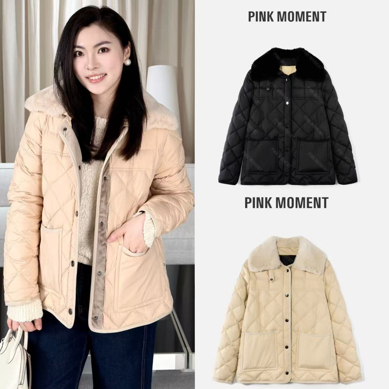 PM王囡囡 黑/卡其色格纹拼獭兔毛领鹅绒服（可拆卸领） ND1D2209