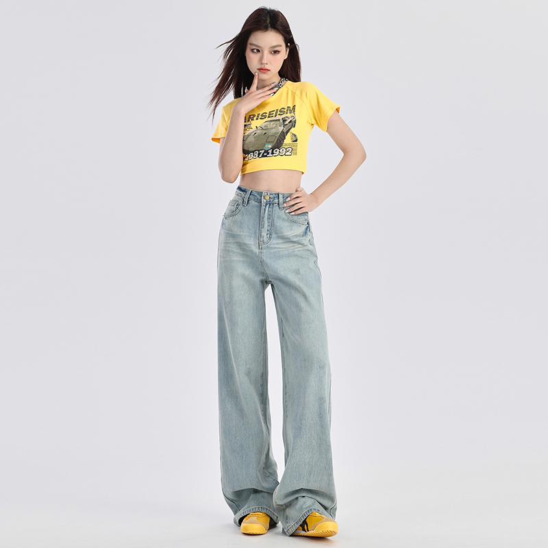 美式复古宽松高腰阔腿牛仔裤女2025年夏季新款浅色垂感直筒拖地裤
