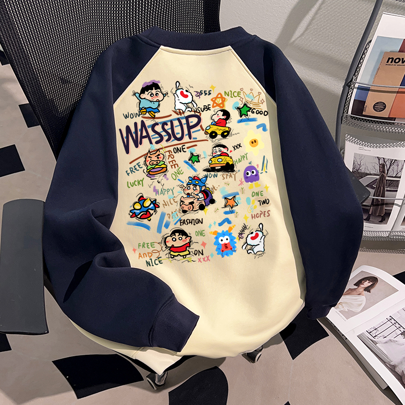 WASSUP HSUBE蜡笔小新趣味卡通情侣圆领卫衣重磅美式潮流百搭上衣