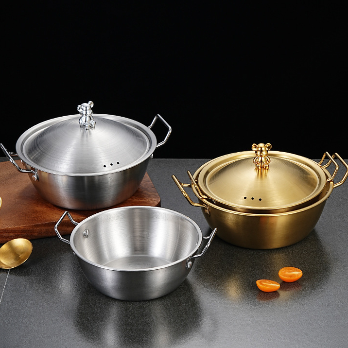 304不锈钢韩式米酒碗单柄双耳泡面锅带盖金色小吃碗沙拉碗暴力熊