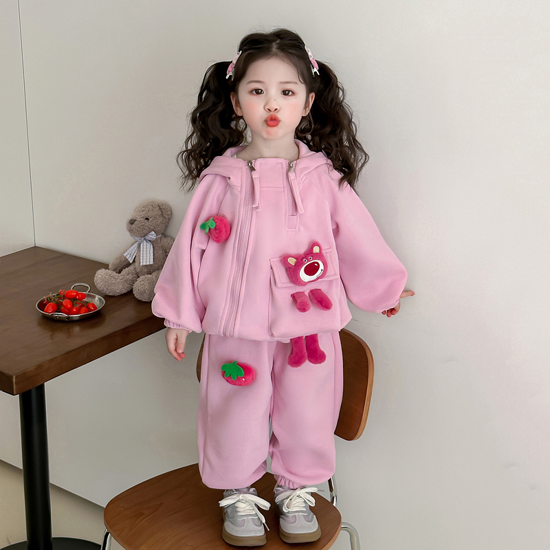 女童春秋连帽运动草莓熊卫衣两件套2025新款儿童秋装休闲衣服套装