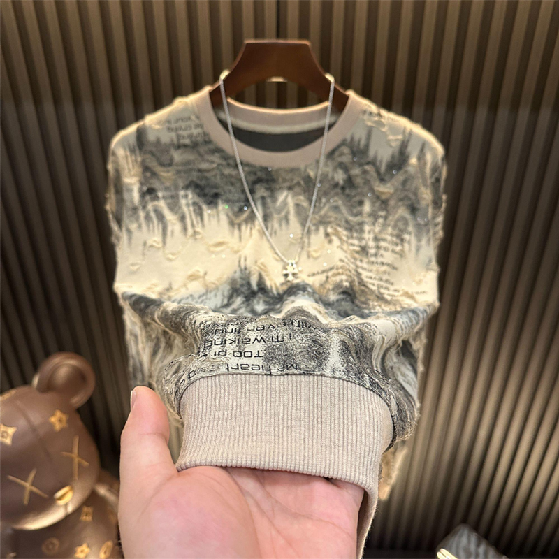 秋冬长袖卫衣新款字母男款满天星亮闪破洞男上衣爆款轻奢圆领潮流