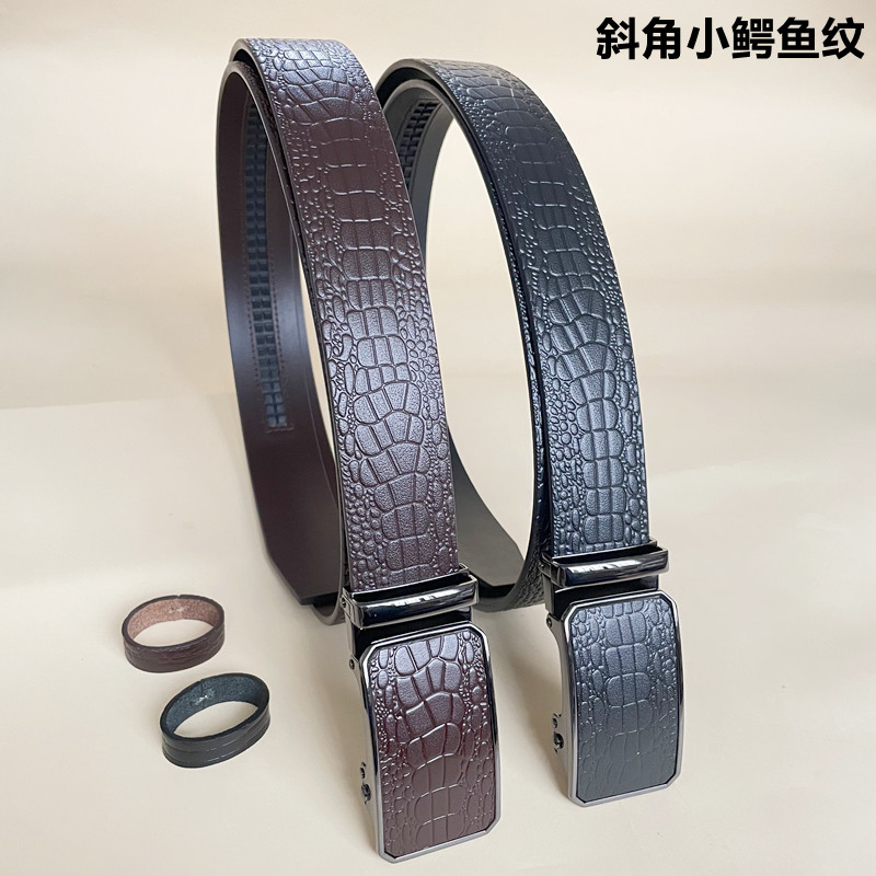男士头层牛皮皮带3.45贴皮小鳄鱼纹斜角自动扣高档商务真皮腰带