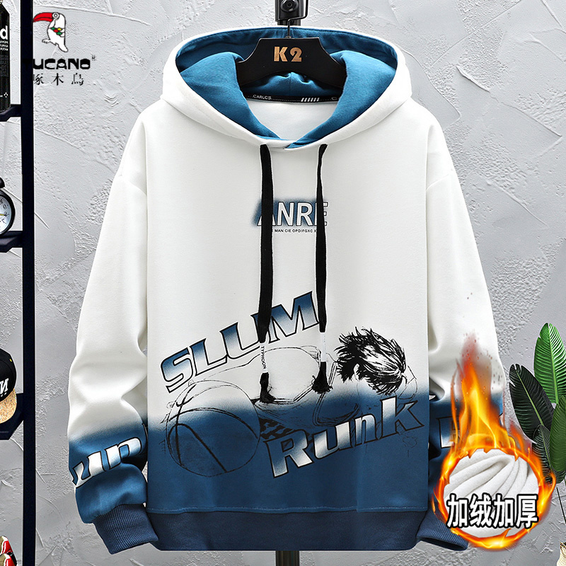 啄木鸟连帽卫衣男11-18岁大童秋冬加绒加厚休闲运动套装青少年学