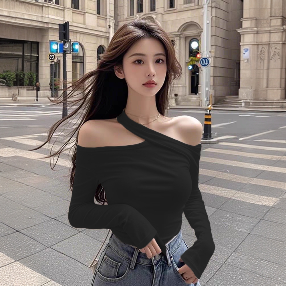 早春新款露肩长袖T恤女上衣小众设计感修身显瘦韩版百搭多色可选