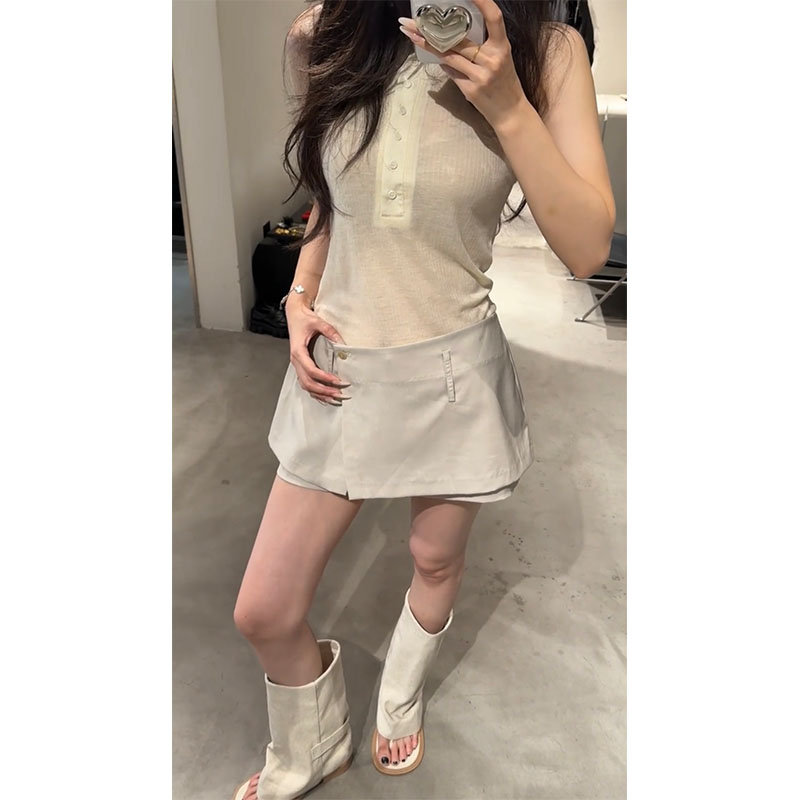 韩系辣妹性感修身百搭无袖上衣设计感休闲修身显瘦A字短裙裤套装