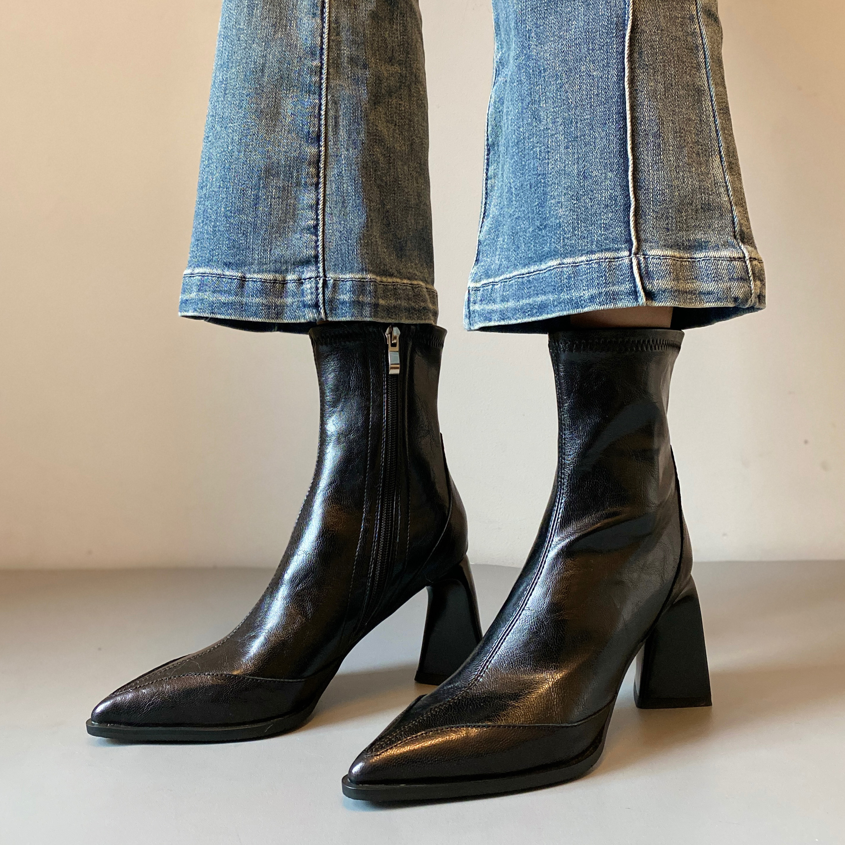 羊皮版~尖头软皮瘦瘦靴高跟显瘦短靴女侧拉链气质感靴子秋冬