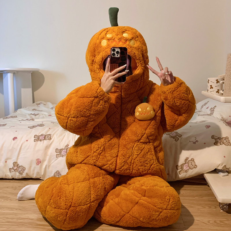 2025新款睡衣女款秋冬季三层夹棉珊瑚绒长袖套装可爱小南瓜家居服