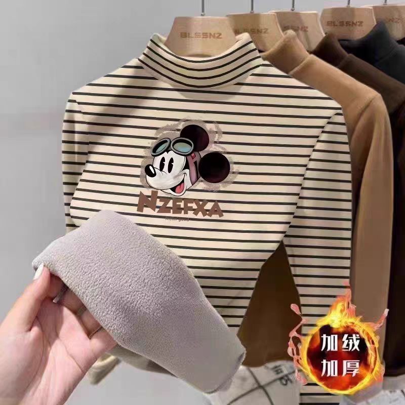 新款条纹卫衣女童加绒打底衫秋冬半高领女大童内搭长袖一体绒上衣