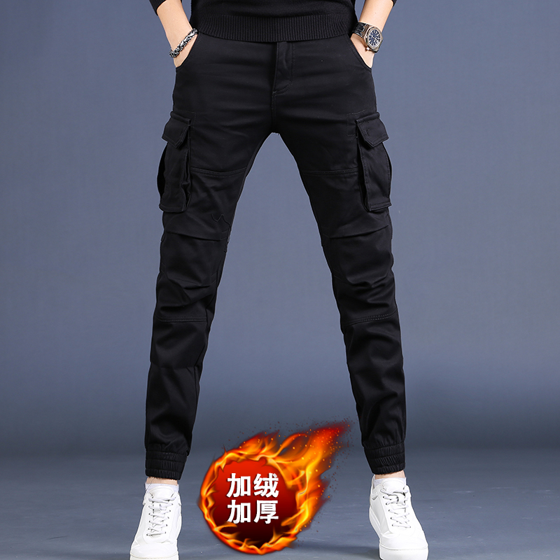 潮牌黑色工装裤男秋季修身束脚休闲裤2025年新款秋冬加绒厚哈伦裤