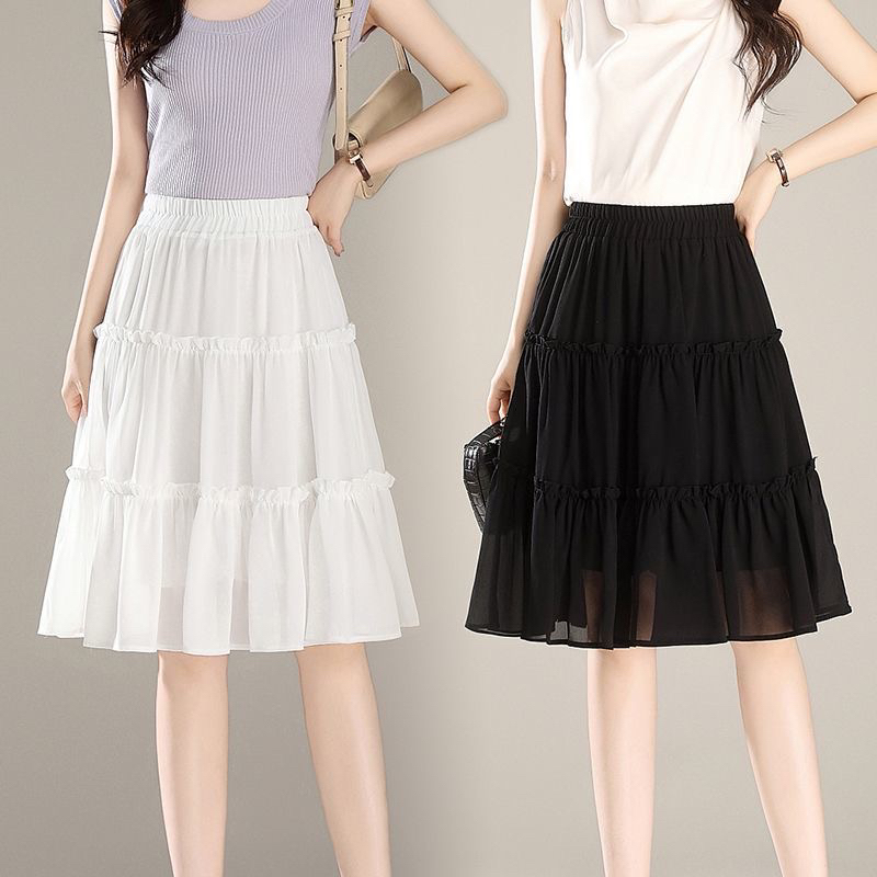 夏季显瘦百搭中长款半身裙小个子春夏白色高腰不规则松紧腰蛋糕裙