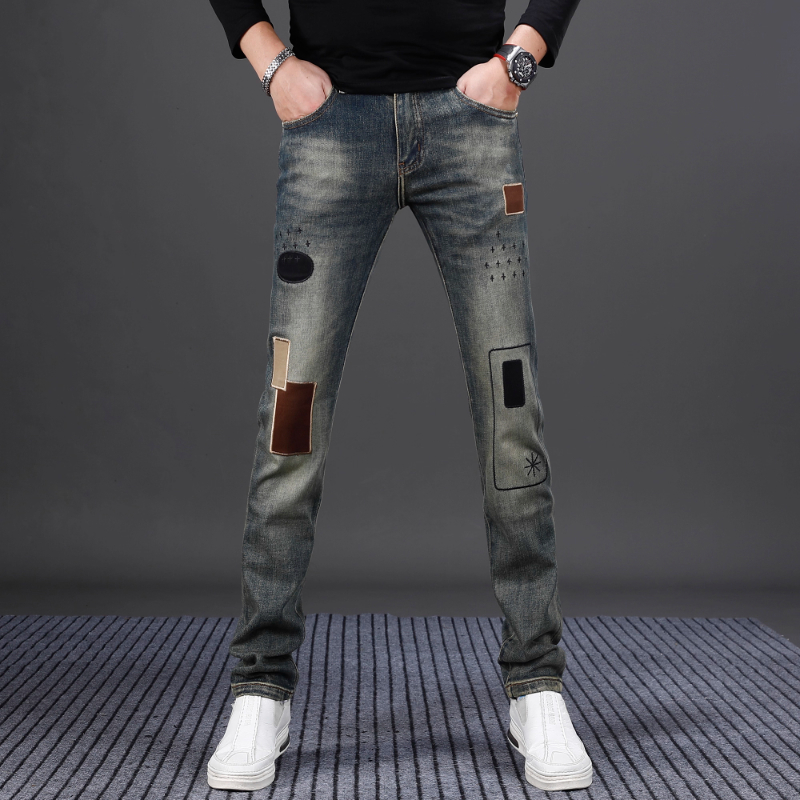 牛仔裤男款爆款2025新款乞丐补丁时尚弹力男士秋季修身小脚牛仔裤