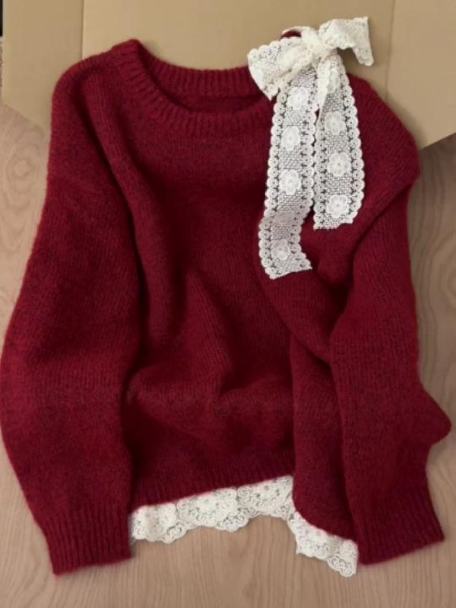 高级感蕾丝红色露肩毛衣女秋冬新款设计感超好看的宽松慵懒针织衫