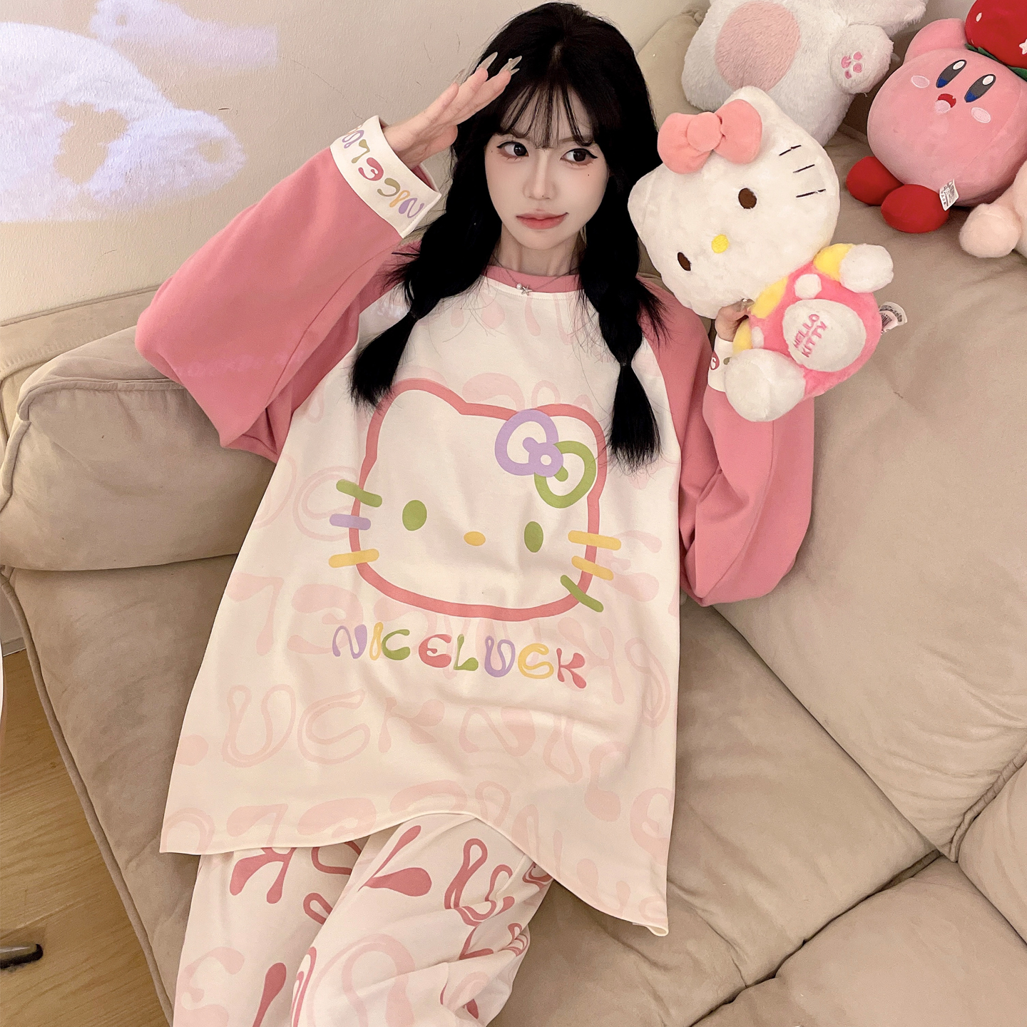 睡衣女秋纯棉长袖少女卡通秋冬季薄款加大码200斤甜美家居服套装