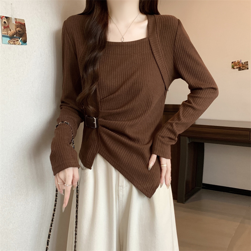 大码秋季新款纯欲风方领针织不规则高级感收腰显瘦气质长袖上衣女
