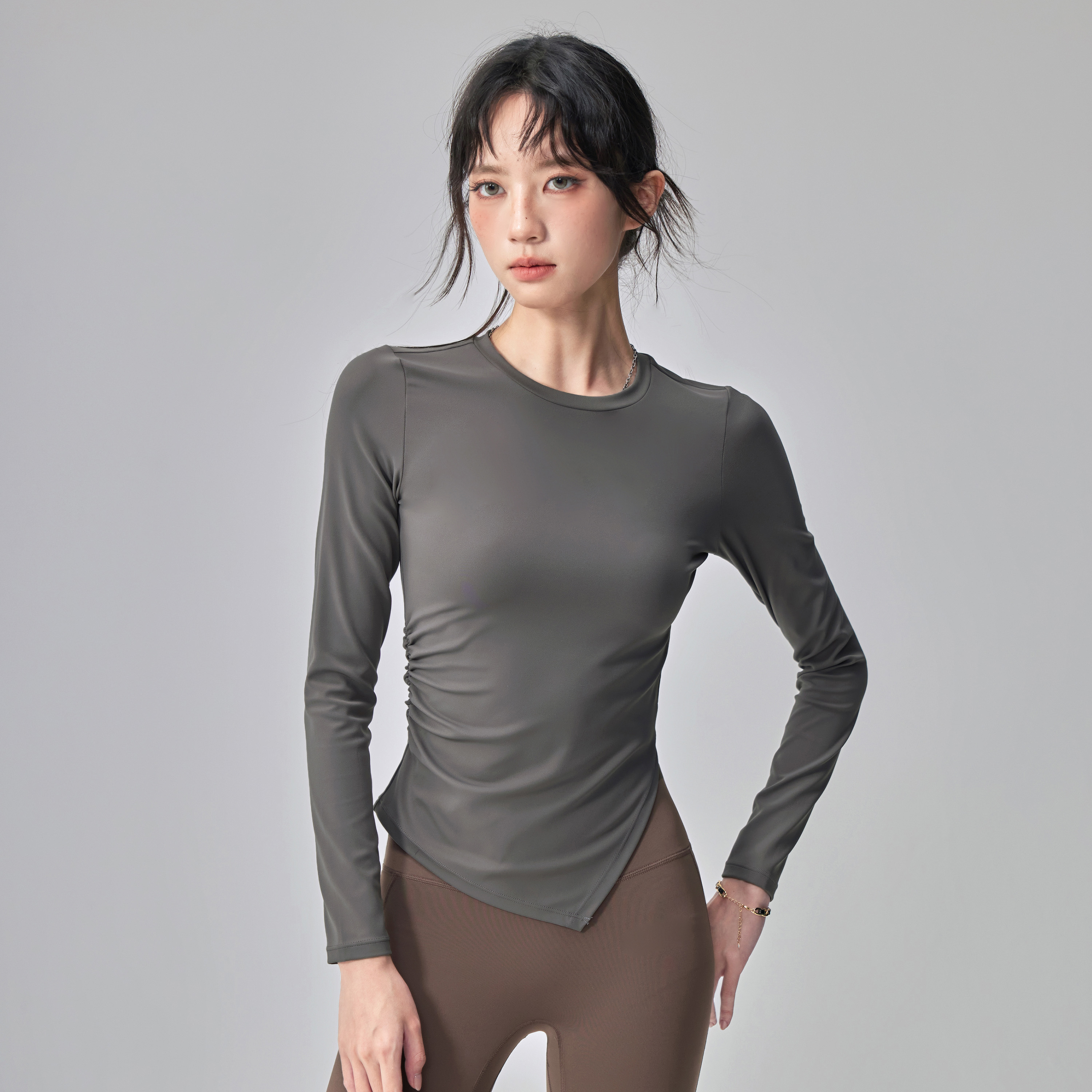 云端贝壳不规则新款运动上衣女紧身瑜伽长袖T恤跑步健身服