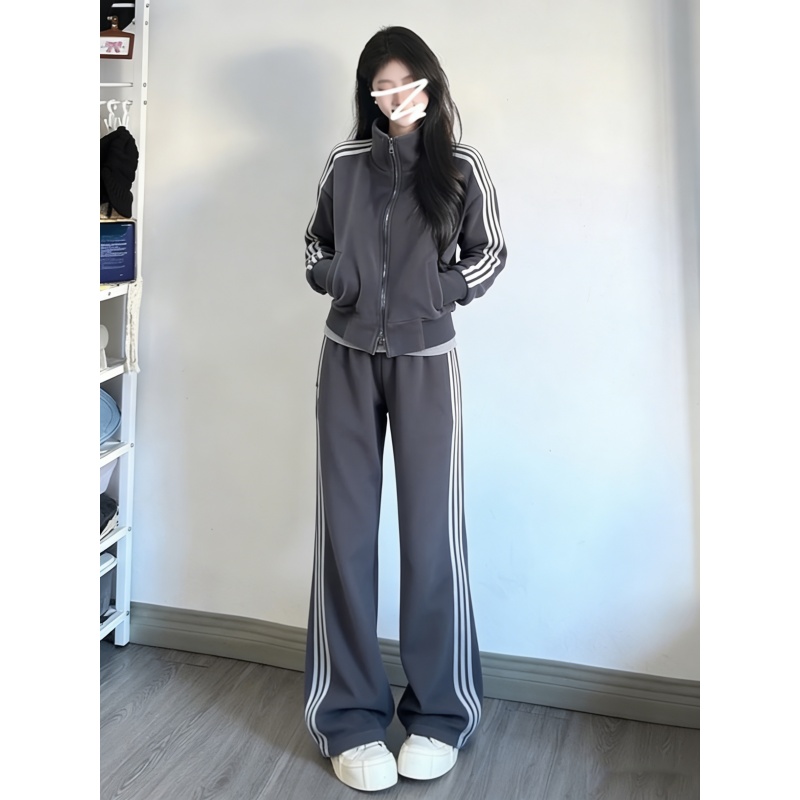 时髦减龄休闲运动套装女春秋冬时尚洋气灰色宽松气质高级感两件套