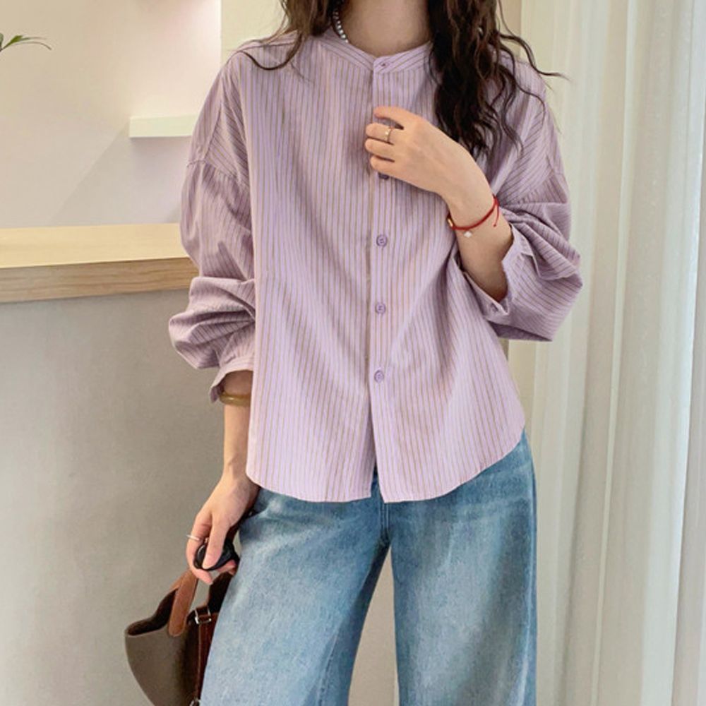 早秋新款纯棉条纹长袖衬衫女宽松简约设计感开衫休闲百搭上衣潮流