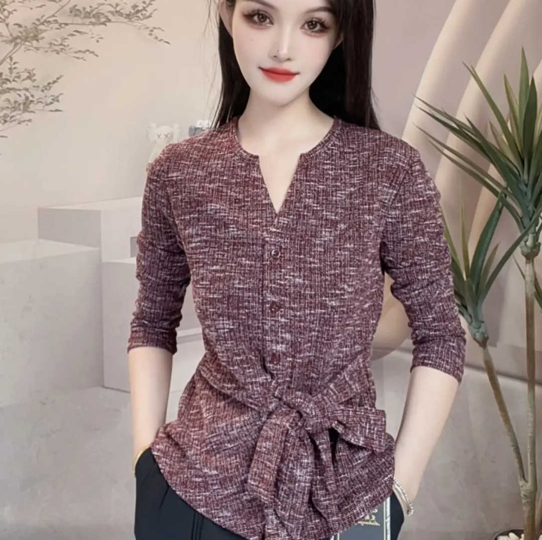 V领休闲针织衫时尚绑带气质抗皱亲肤透气长袖慵懒风显瘦上衣新款