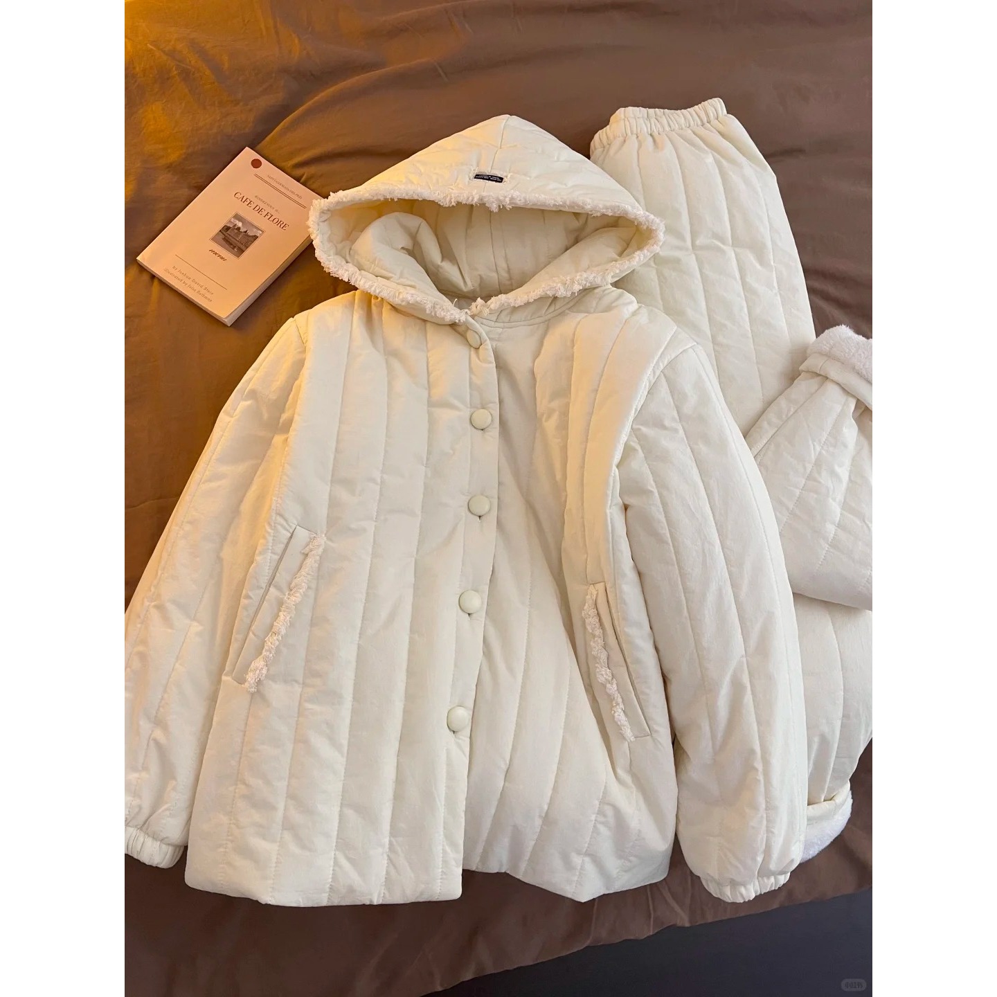 韩系简约三层夹棉睡衣女冬季新款加绒加厚家居服套装可外穿