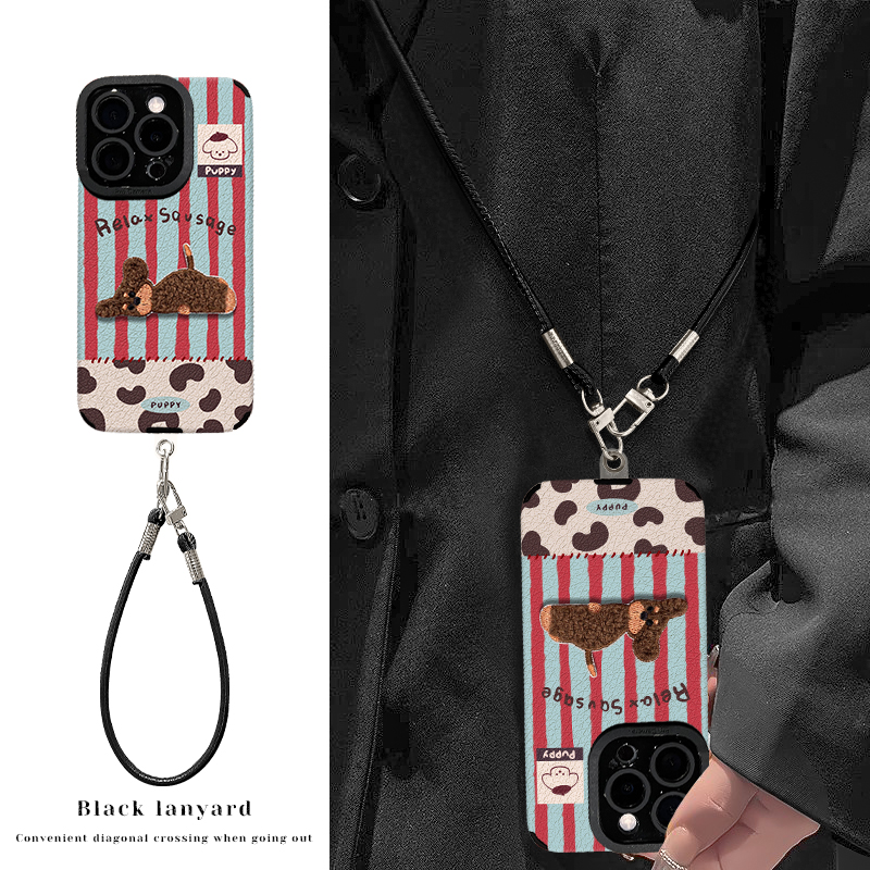 条纹小狗适用苹果17华为vivo/oppo小米iPhone斜跨瞳眼羊皮手机壳